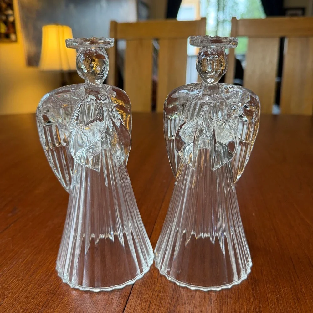 TWO VTG  Clear Glass Praying Angel Taper Candle Holders Ribbed Base Christmas